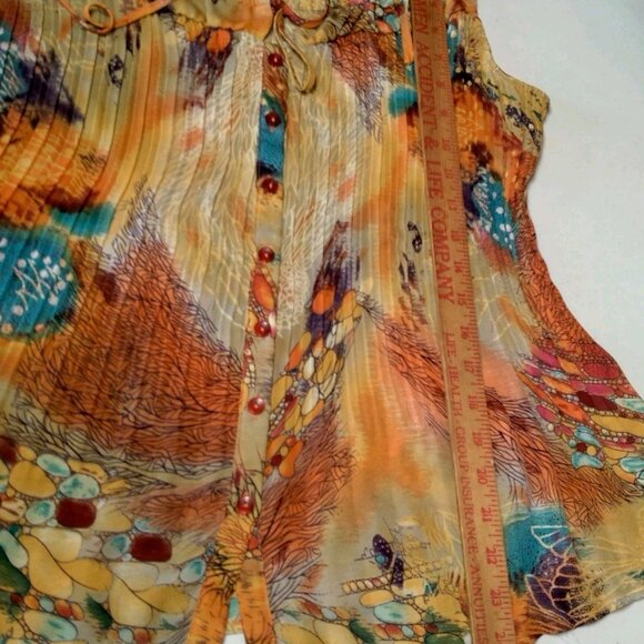 Dressbarn Shirt Large Sleeveless Pleated Button Up Orange Whimsical Forest Fairy - Picture 4 of 16